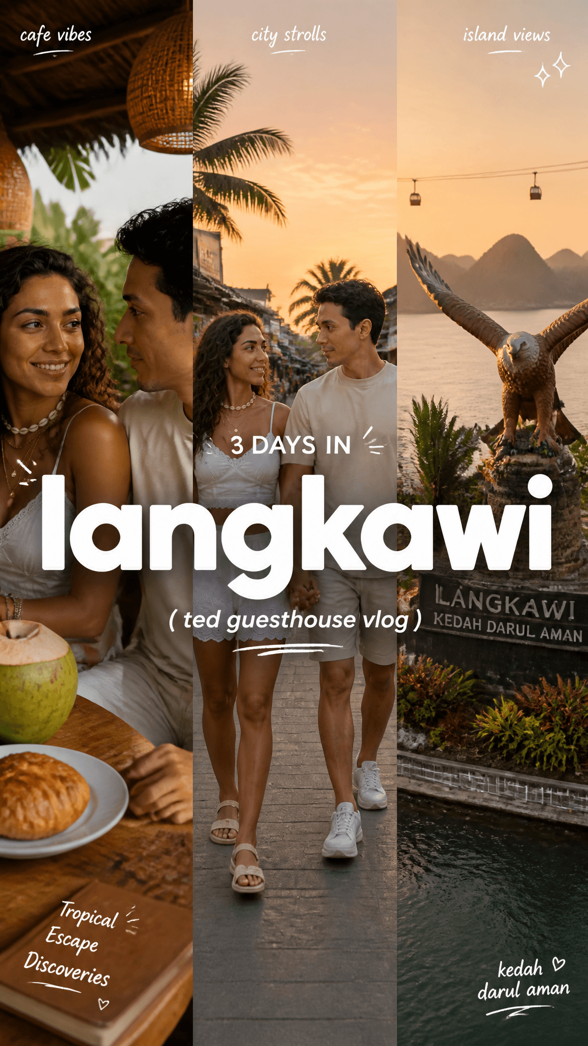 Create a 9:16 image in the "Clean Triptych Travel Vlog Thumb