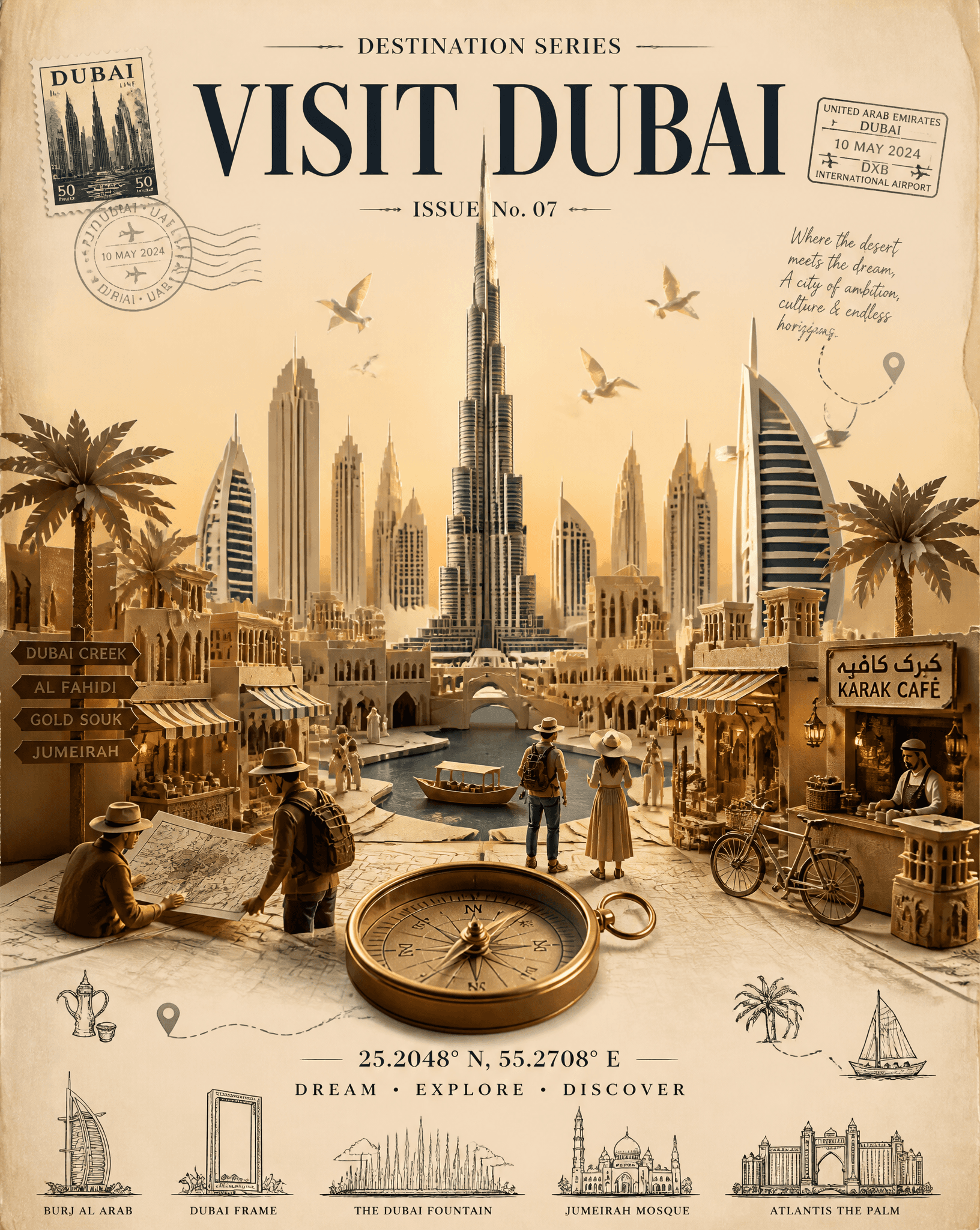 Create a premium vintage travel magazine cover poster for Du