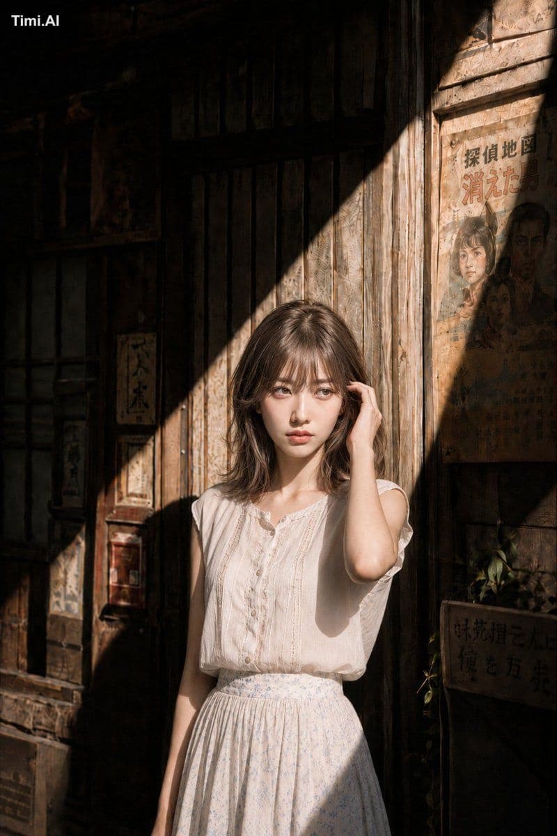 縦長2:3の写真。古い木造商店が並ぶ日本の路地で、若い女性が画面中央やや右に立つ。頭頂から太もも付近までを写し、人物は画