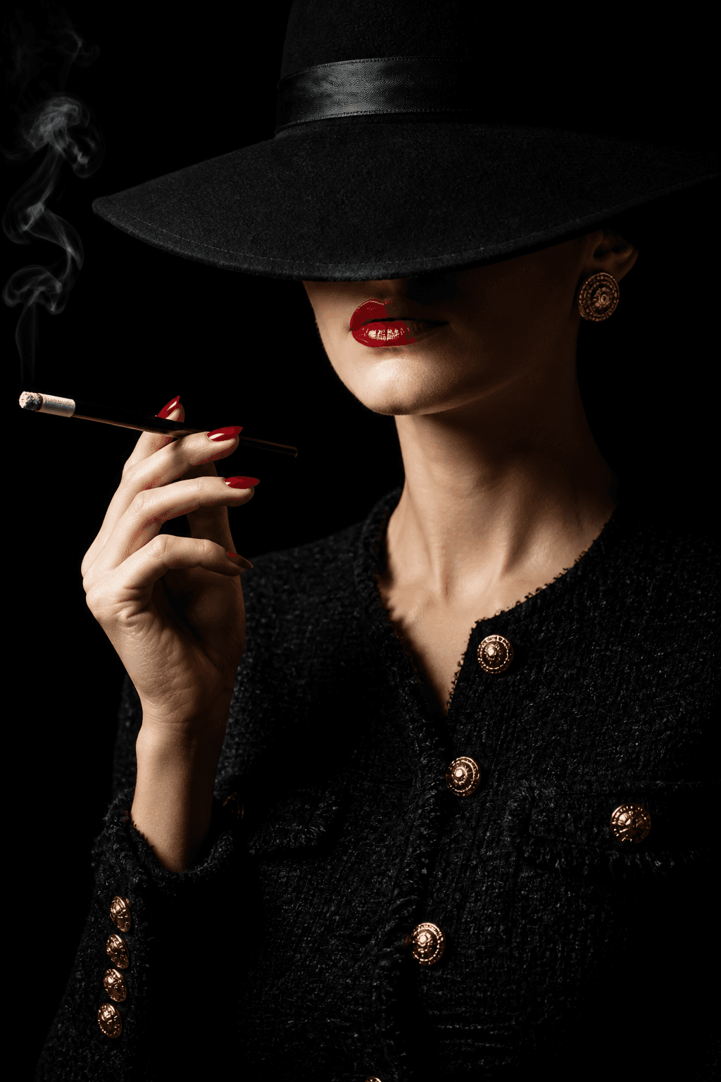 A sophisticated woman in a high-fashion black tweed jacket w
