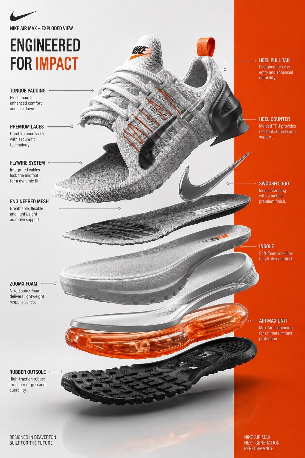 .
A premium exploded-view infographic of a futuristic Nike s
