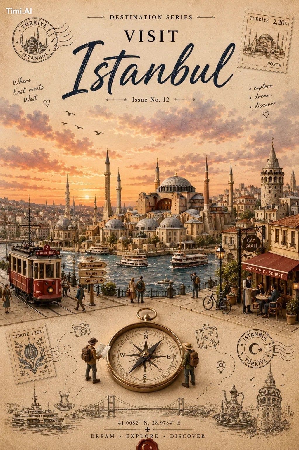 Create a premium vintage travel magazine cover poster for [C