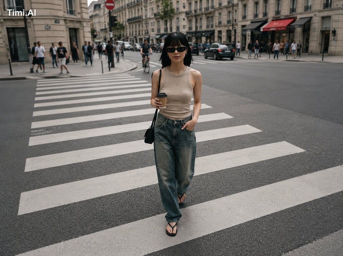 A beautiful young European woman walking across a wide urban