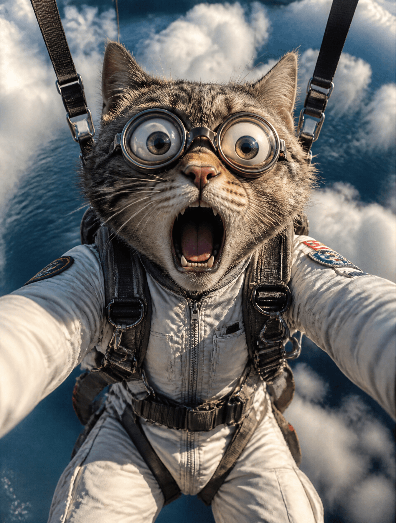 A hyper-realistic cat with a humanoid face reflecting pure e