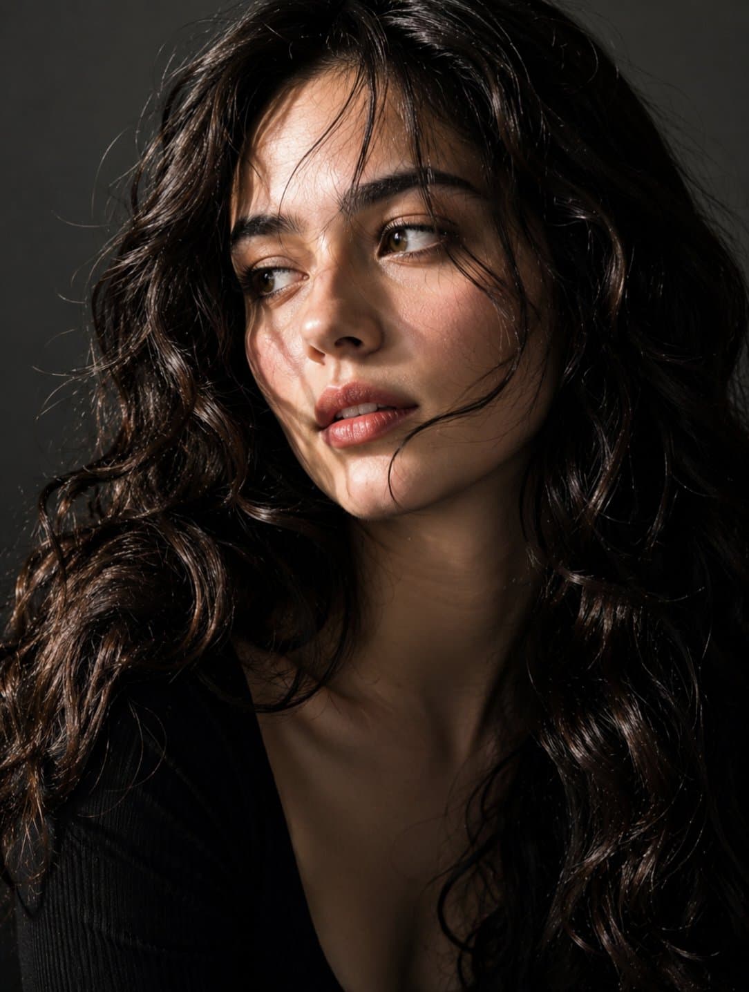 A dramatic close-up portrait photograph of the woman seen in