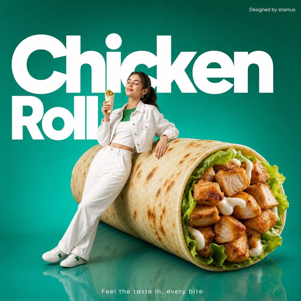 Minimalist commercial ad featuring oversized premium chicken