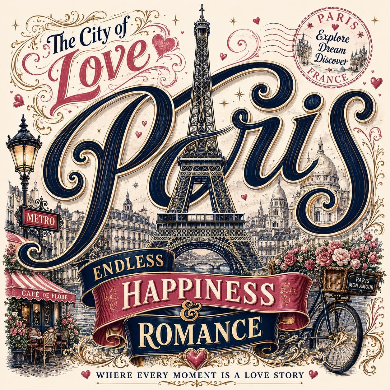 Vintage romantic travel typography poster for Paris designe