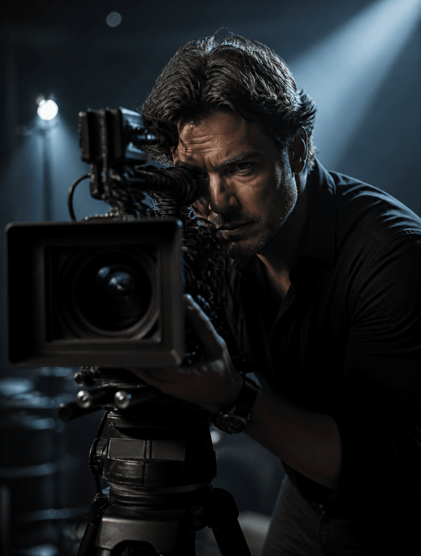 A focused cinematographer operates a professional cinema cam