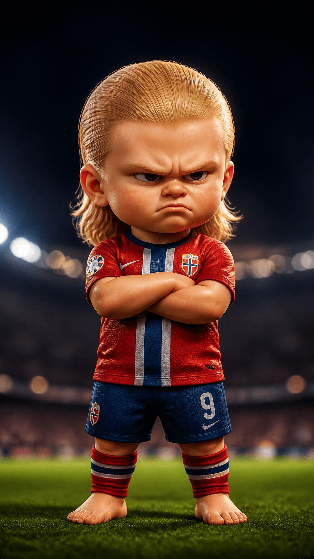 Vertical 3D toy figurine, chibi Erling Haaland, short chubby