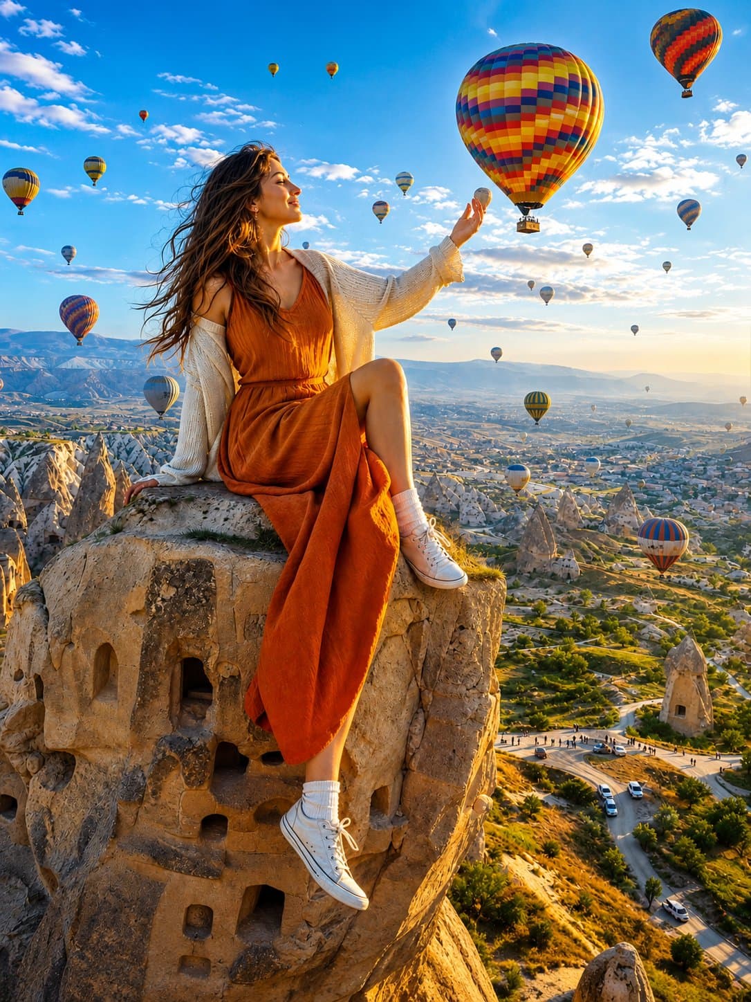 Create a surreal giantess travel photography scene featuring