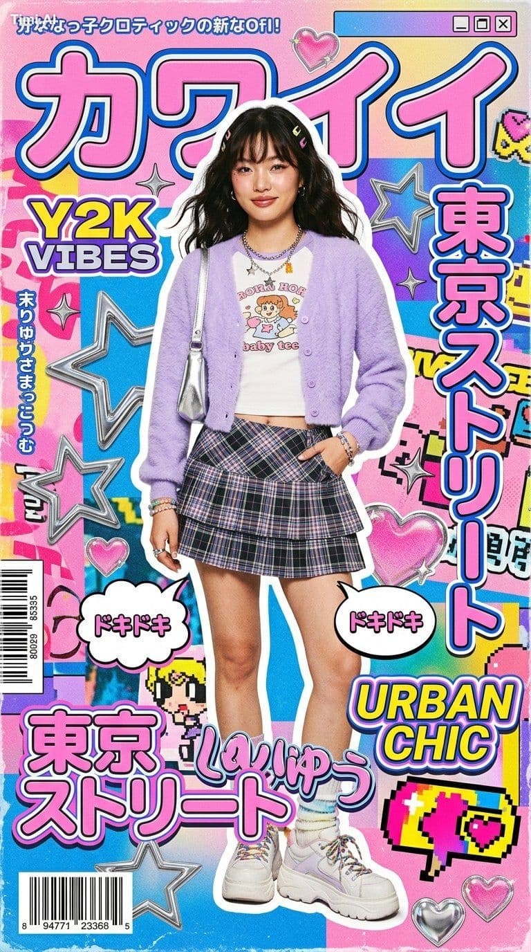 High-fashion kawaii Y2K editorial poster featuring a stylish