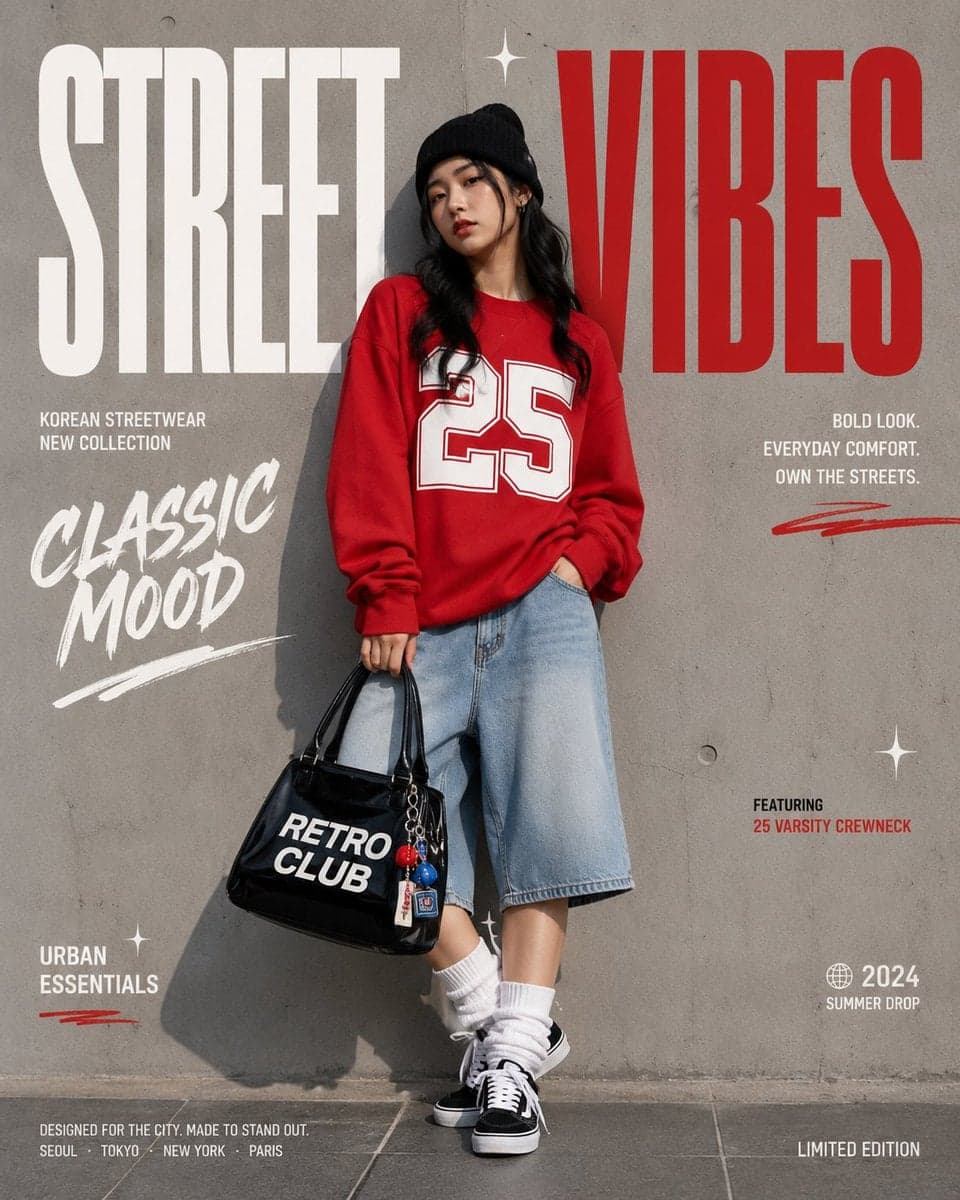 Create a premium Korean streetwear fashion campaign in a cle