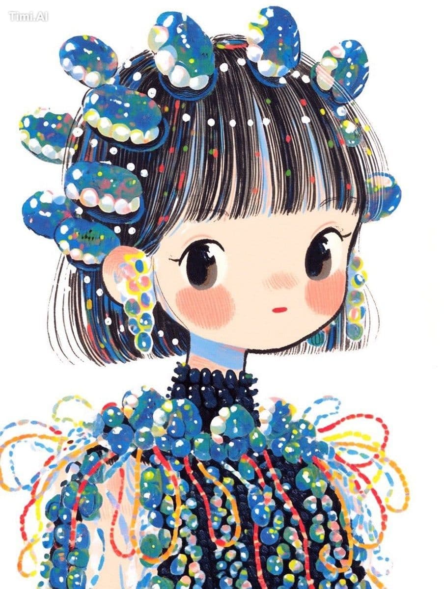 A whimsical fashion illustration of a cute doll-like girl wi