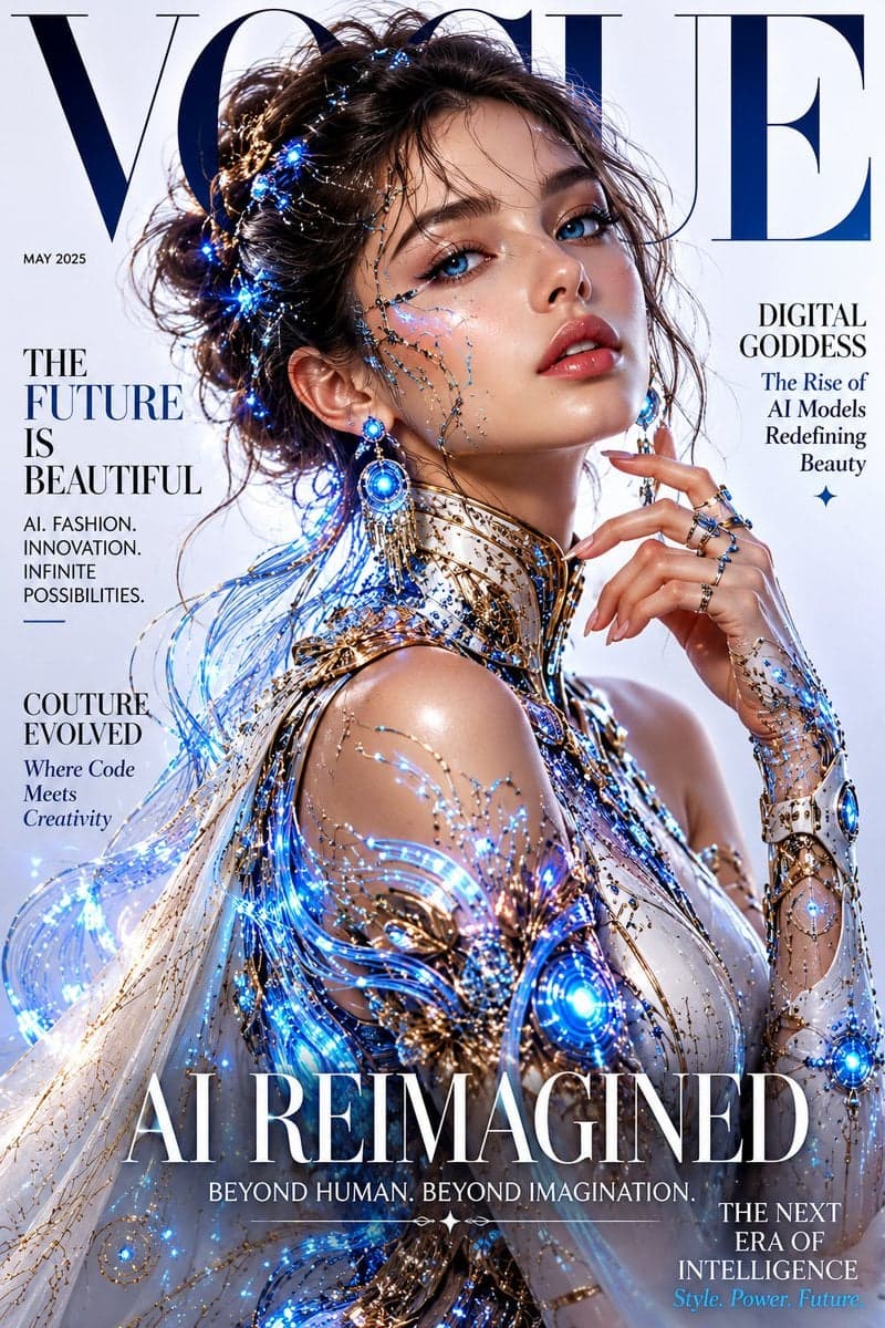 Professional magazine cover design, Vogue style, fictional A