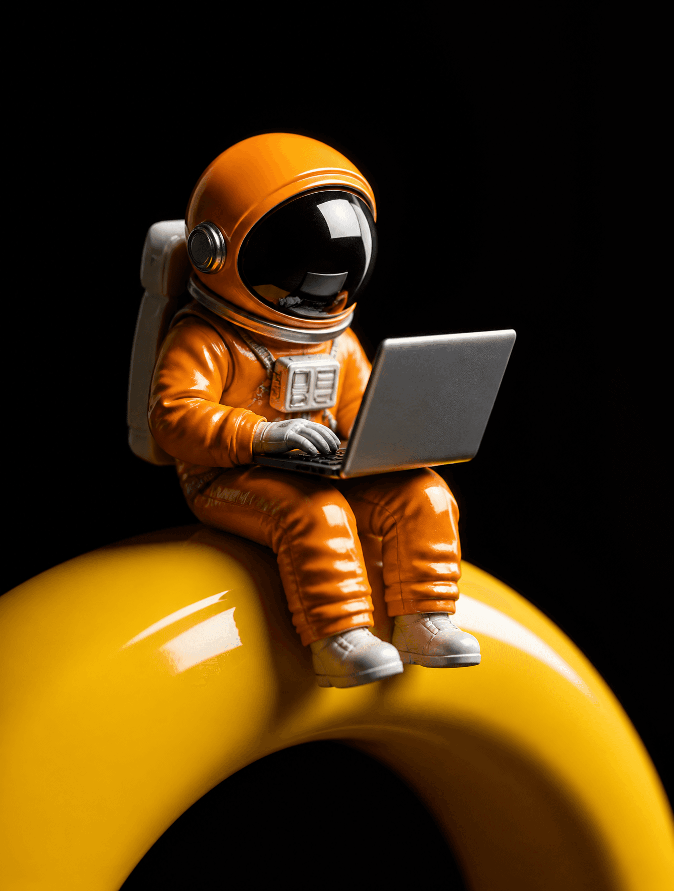 A stylized miniature astronaut in a vibrant orange pressure