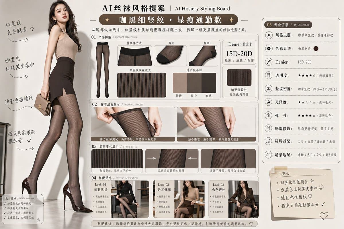 请生成一张横向 4:3 的中文版「AI丝袜风格提案 / AI Hosiery Styling Board」图片。 画面定