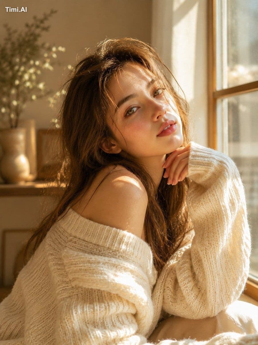 Dreamy sunlit portrait of a young woman with long soft light