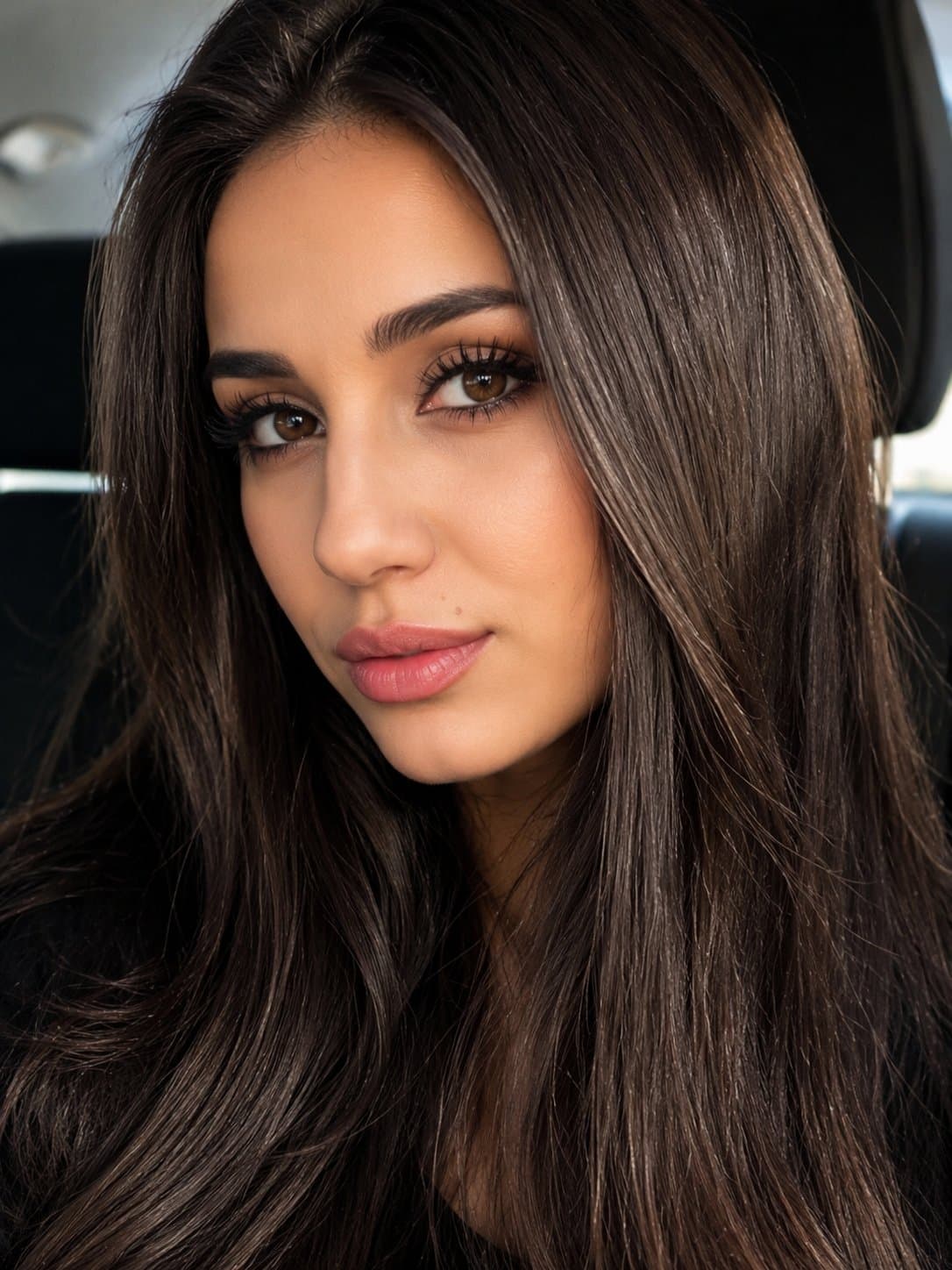 Ultra-realistic close-up beauty selfie of a stunning young w