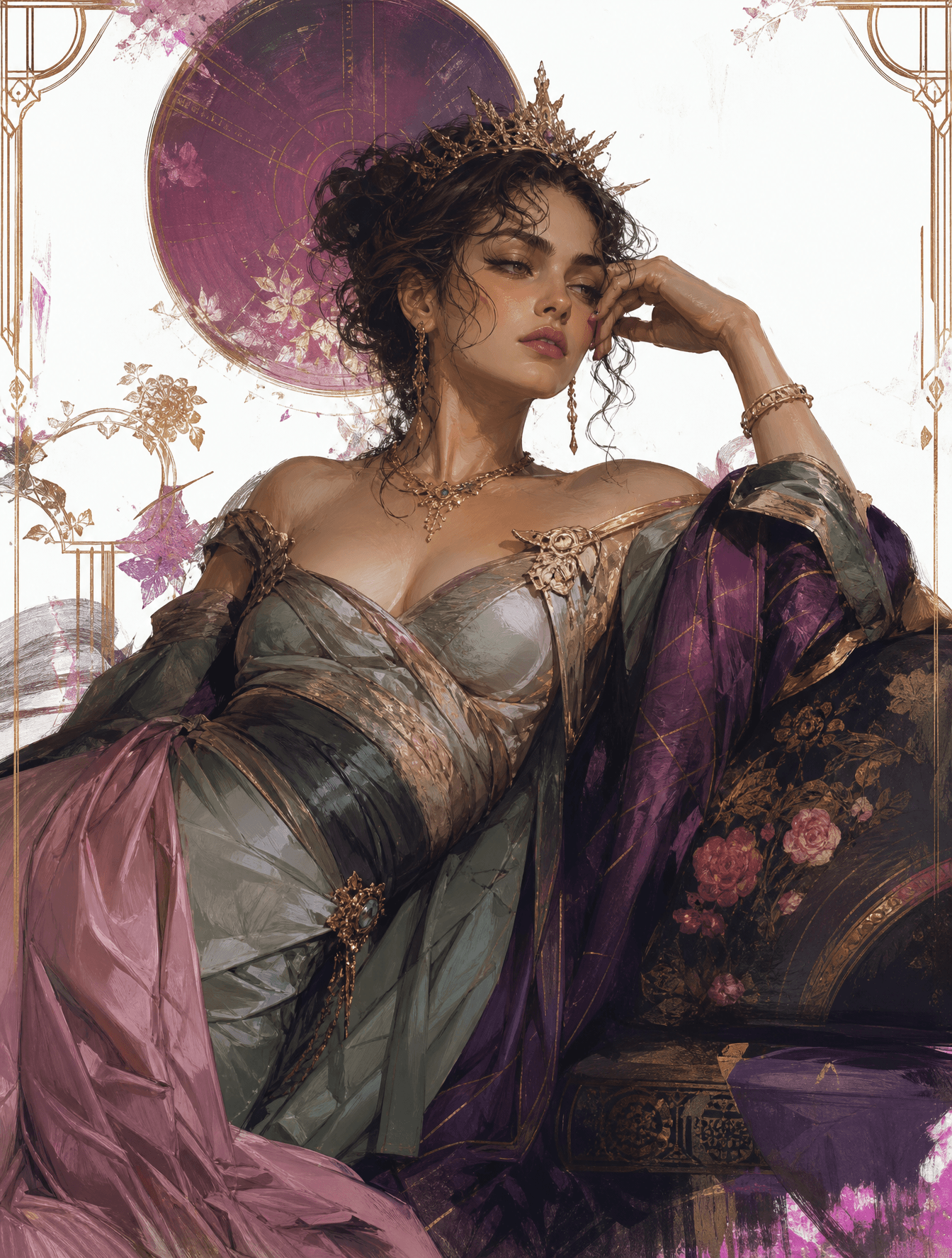 Create a portrait of a young woman in a semi-reclining pose