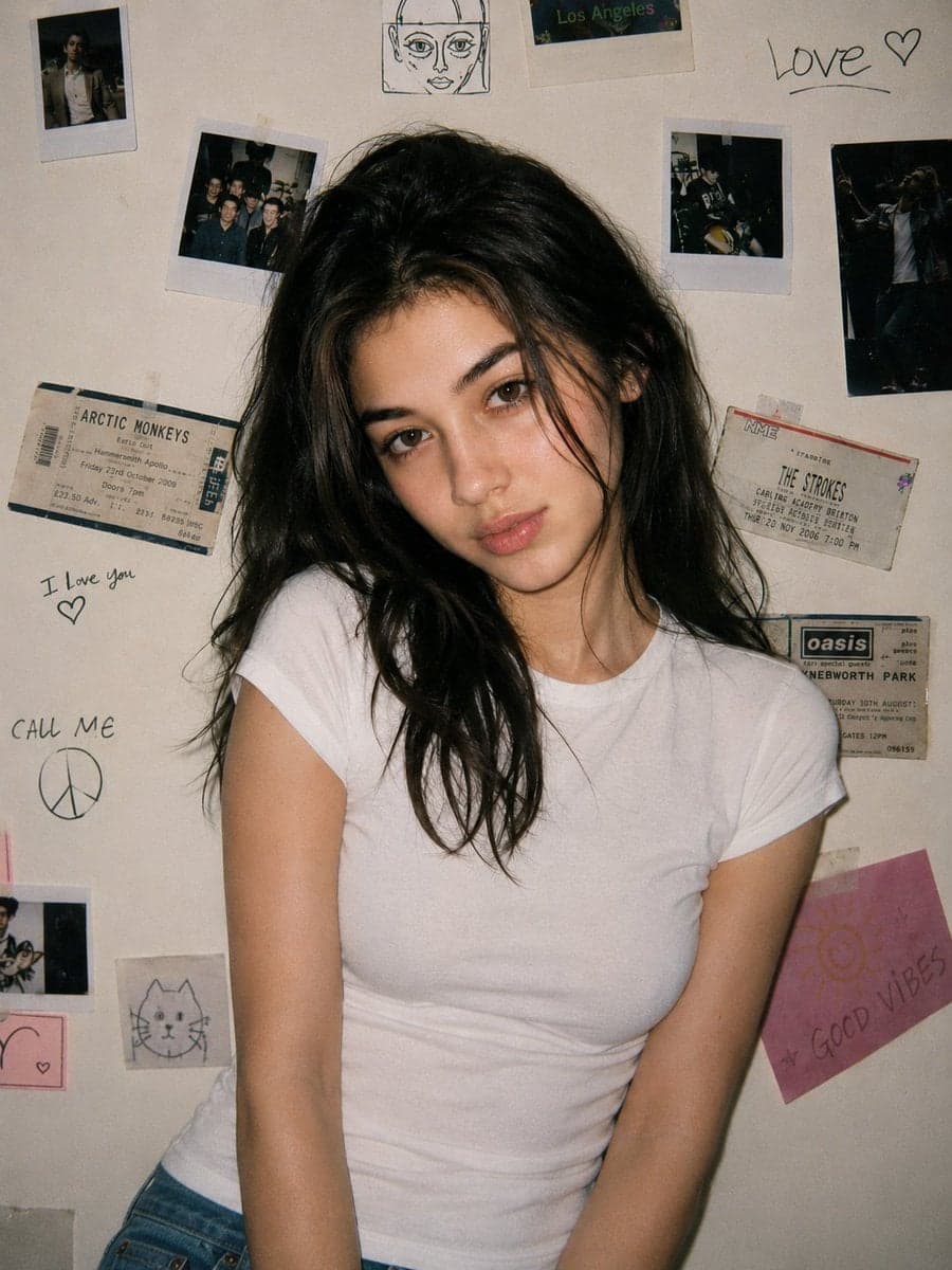 A young woman with the same unchanged face, pale soft comple