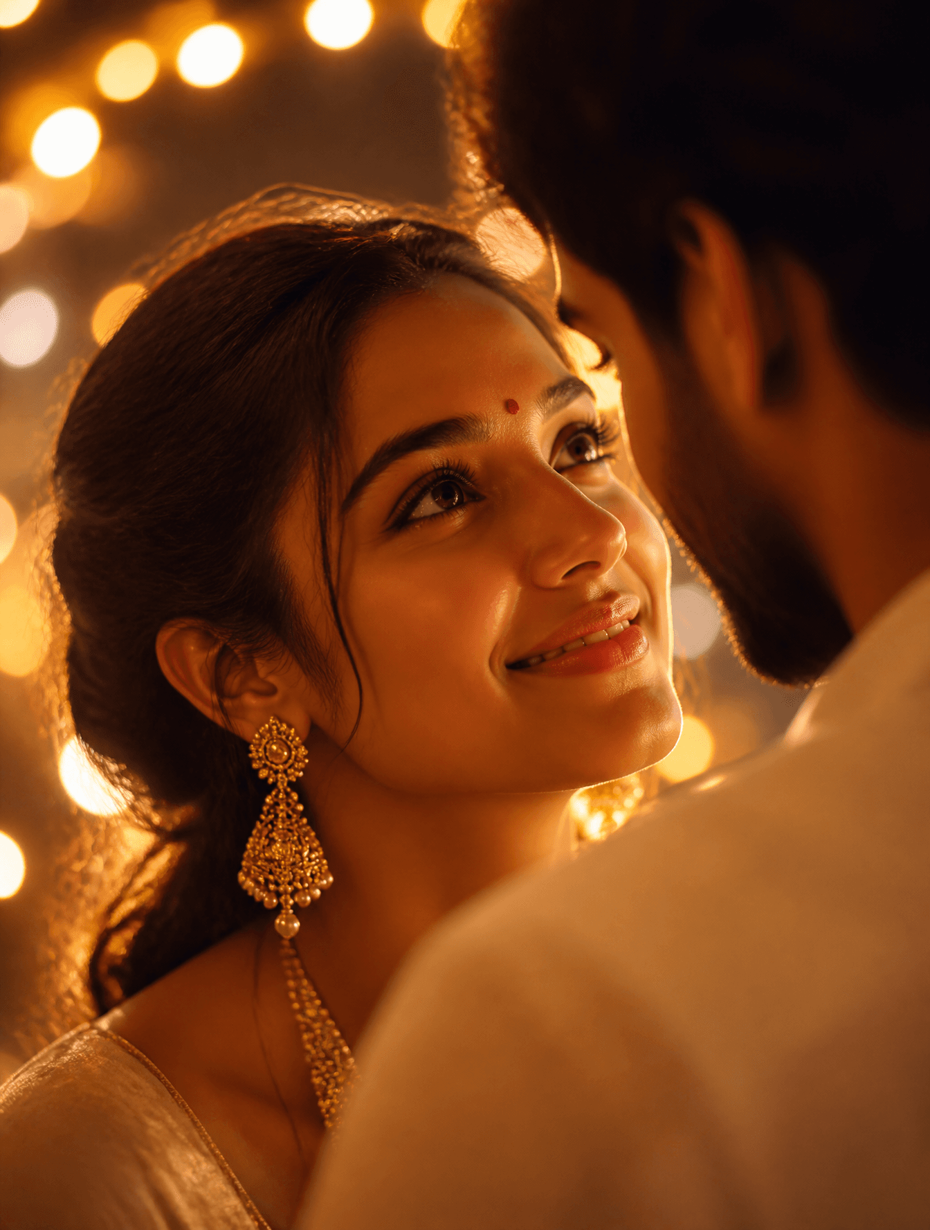 A radiant woman with a gentle, joyful expression leans intim