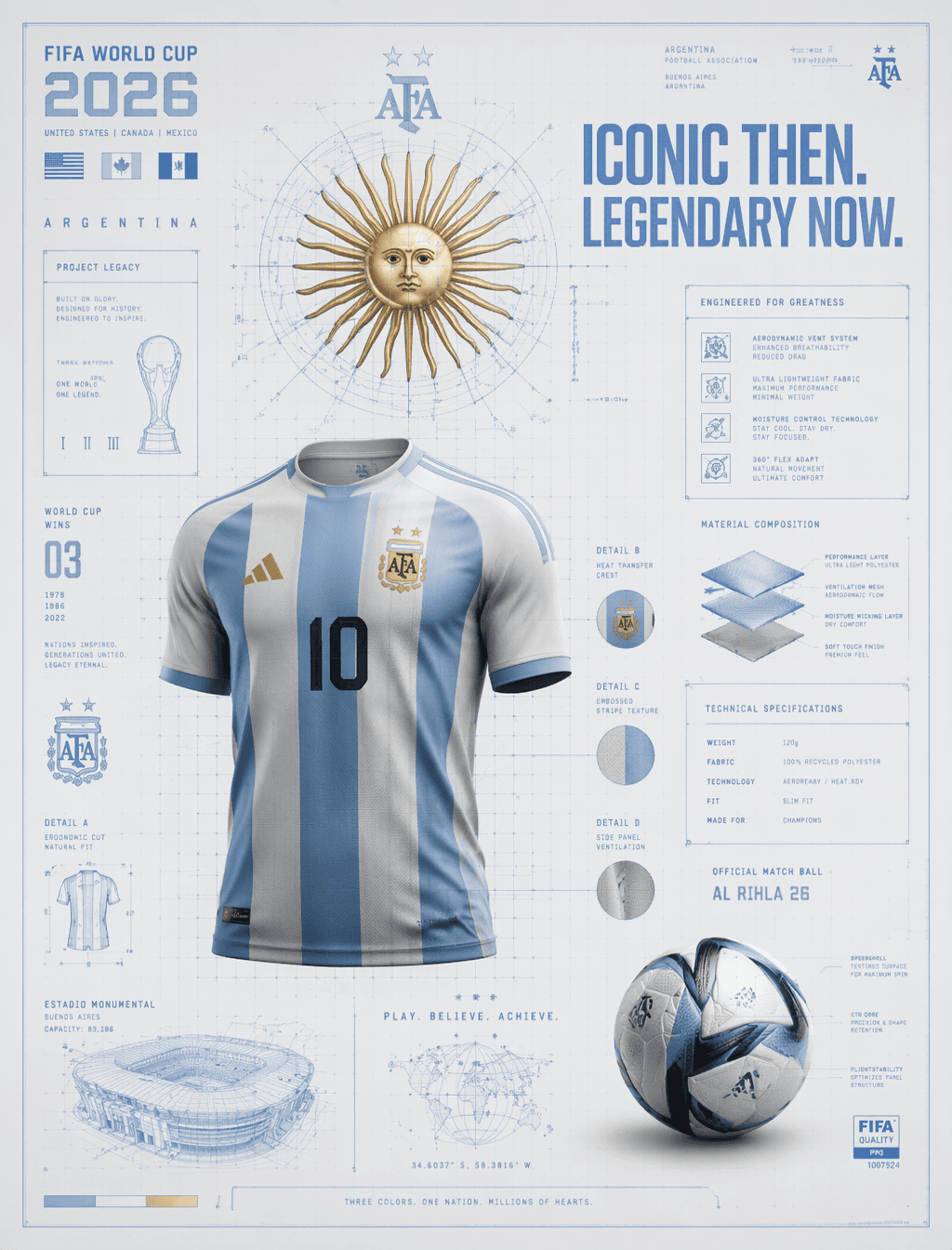 FIFA World Cup 2026 Argentina blueprint poster, ultra-detail