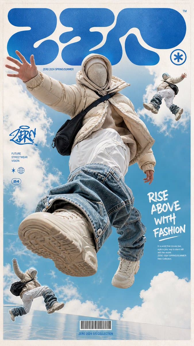 一张高端潮流街头服装海报，画面主体是一位无脸的未来感模特漂浮跳跃在天空中，穿着超大号米色羽绒服、层叠兜帽和针织面罩，面部
