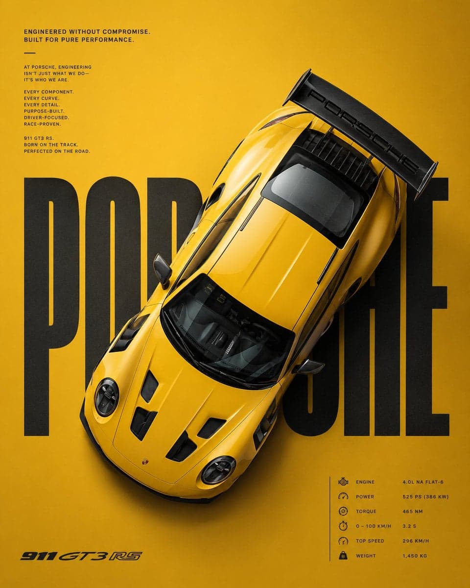 Create a premium automotive advertising poster with a bold m
