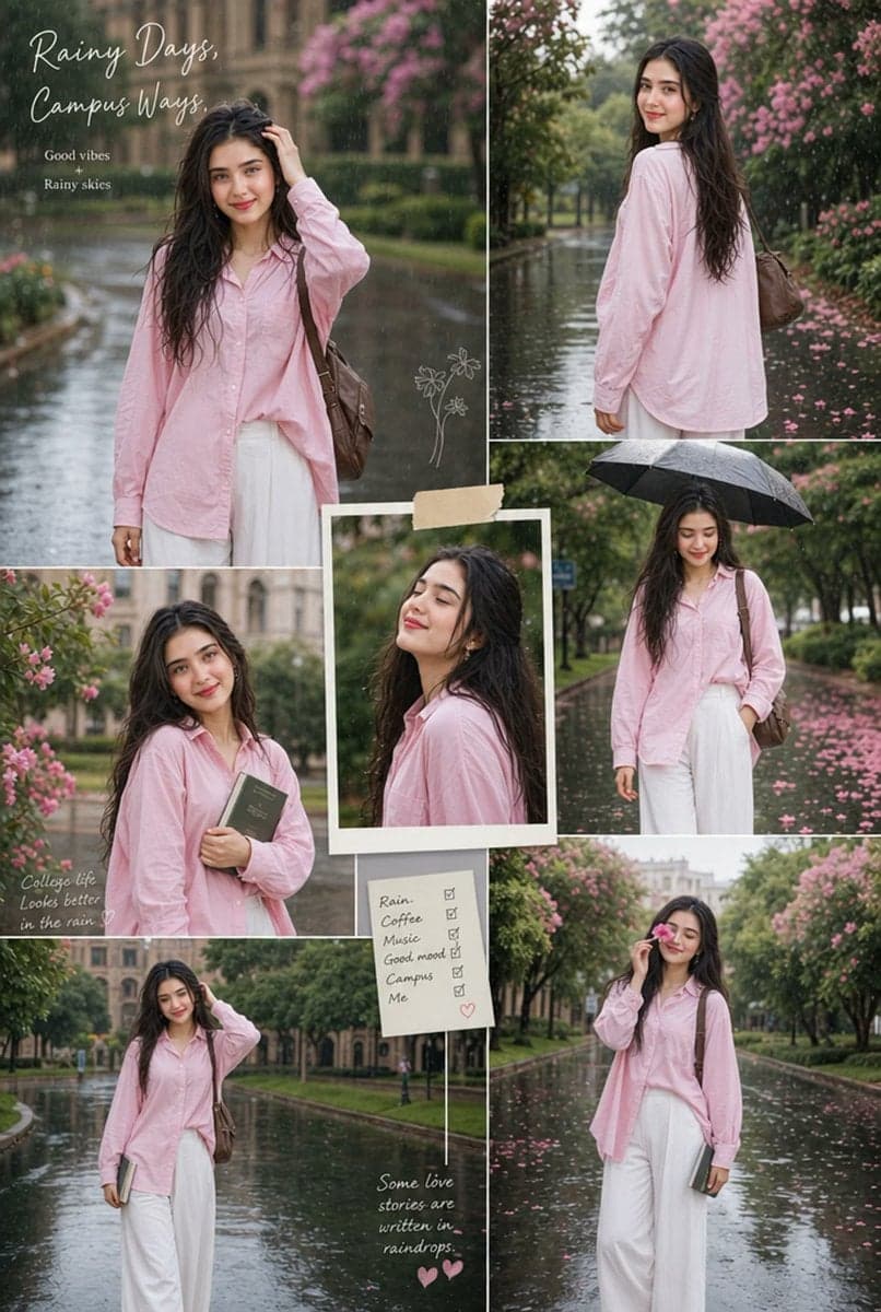Create an aesthetic rainy-season college portrait collage fe
