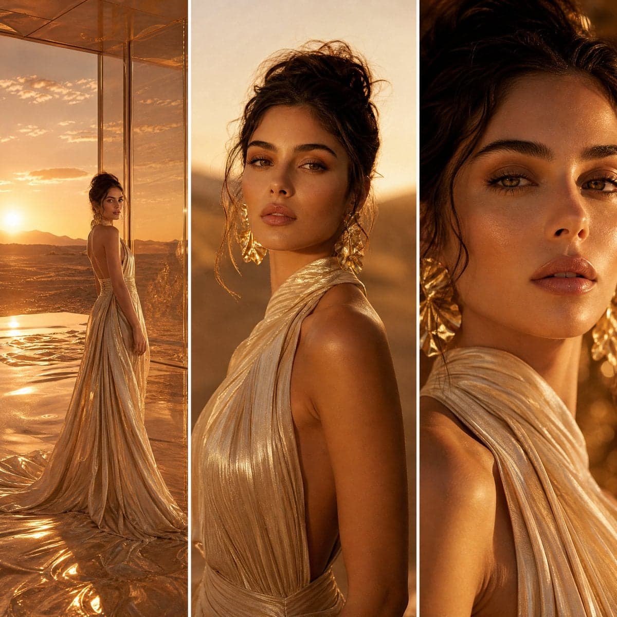 A three-panel high-fashion editorial spread set in a glowing