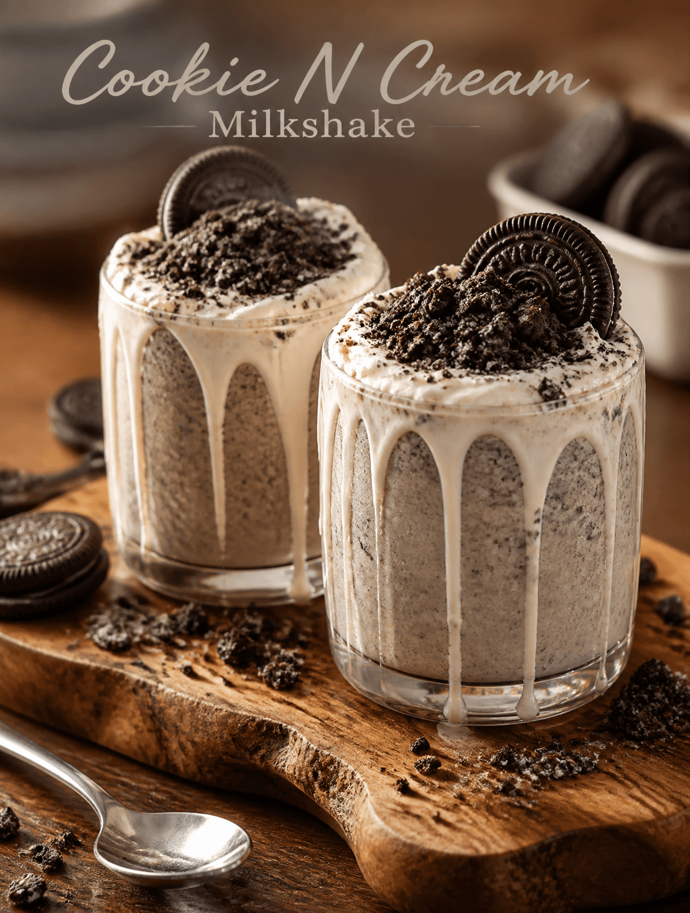 Two cylindrical glasses filled with a thick cookies and crea
