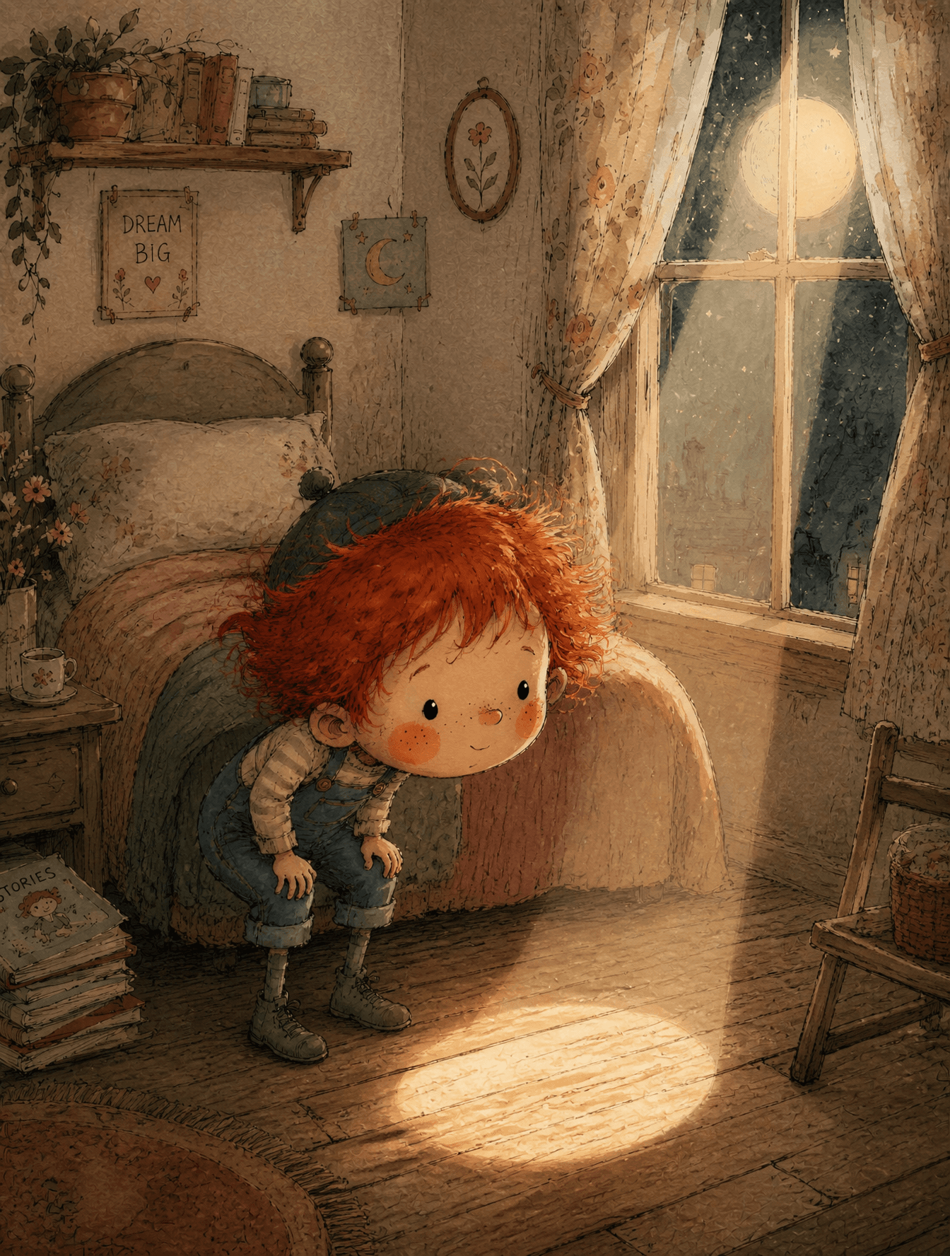 A young boy with wild red hair, freckles, rosy round cheeks,