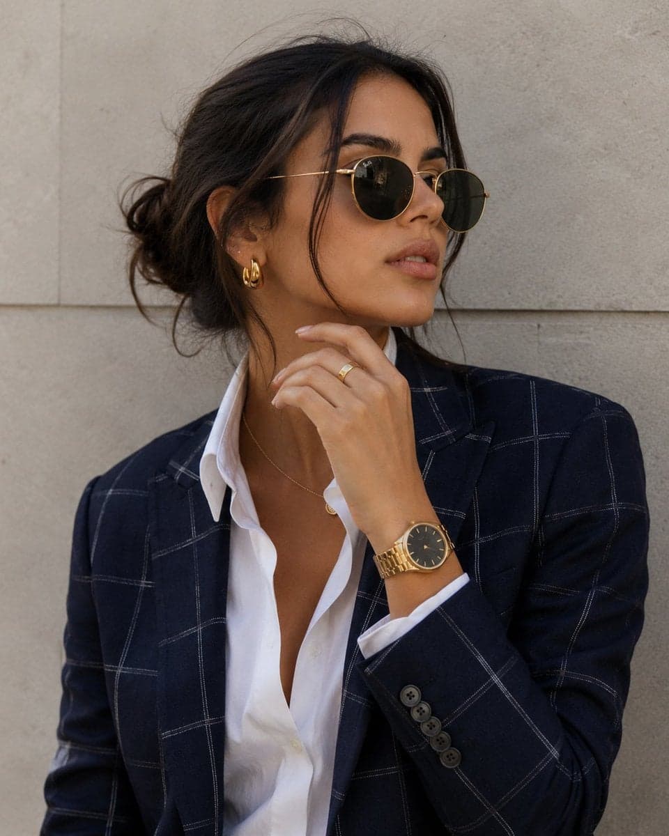 A close-up portrait of a stylish woman with softly tousled d