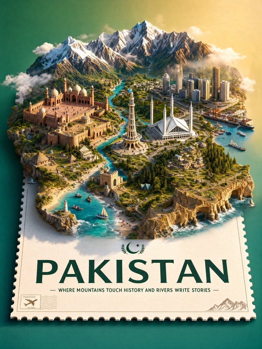 Create a premium stylized 3D isometric travel poster of Paki