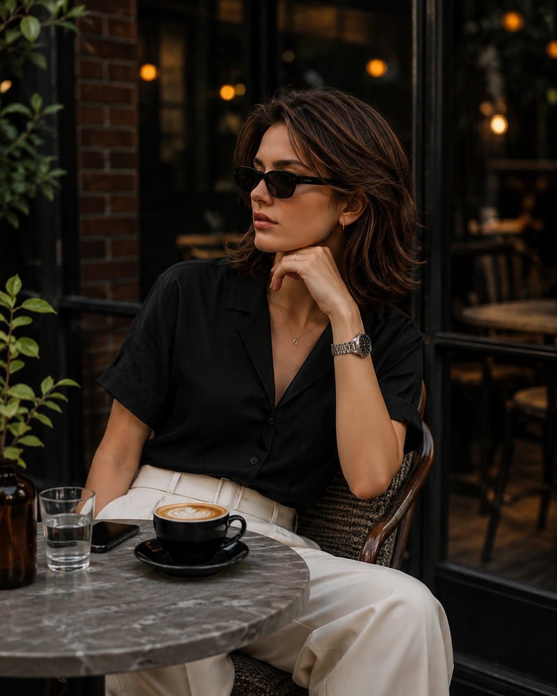 Create an elegant café lifestyle portrait of a fashionable y