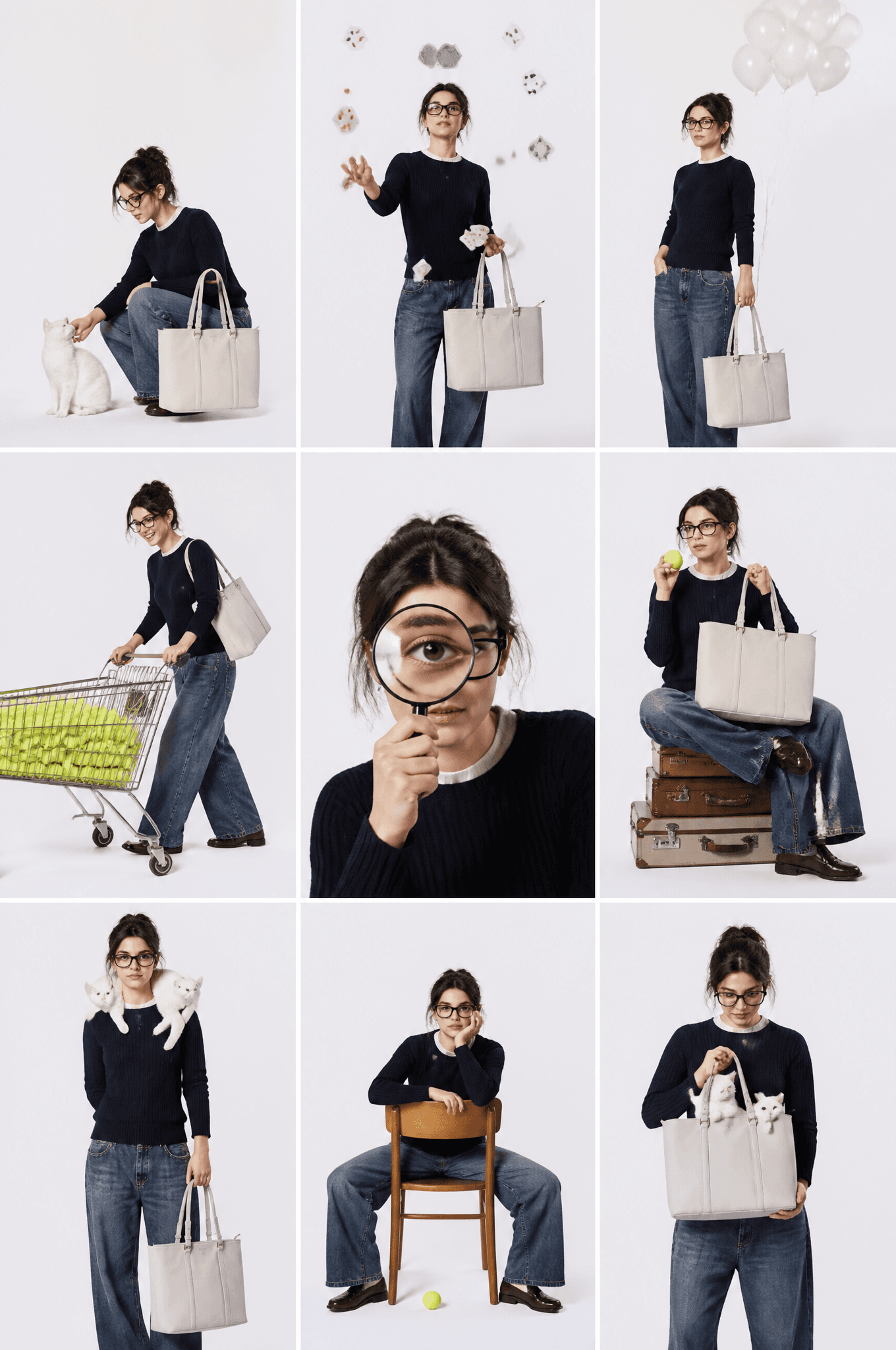 studio fashion collage, 3x3 grid layout, same subject repeat