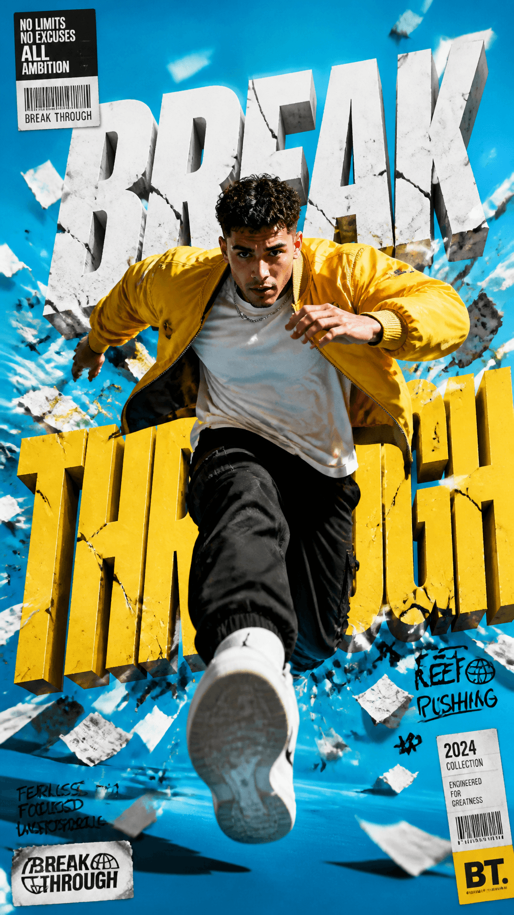 A premium 9:16 streetwear advertising poster.Main Subject:
A