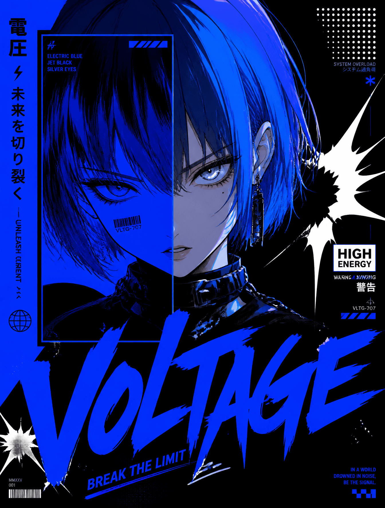 Electric Blue & Jet BlackAnime girl with short electric blue
