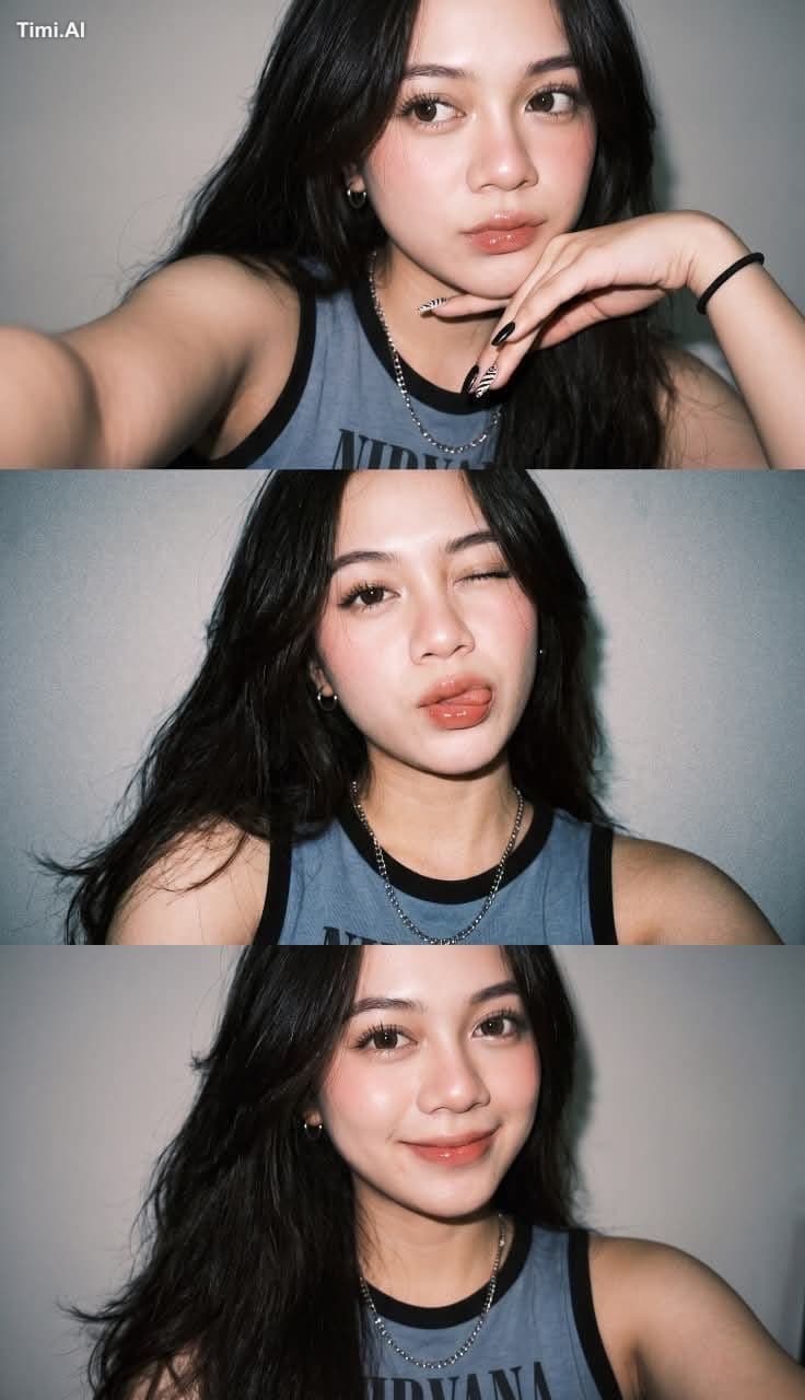 Ultra-realistic late-night flash selfie collage, three stack