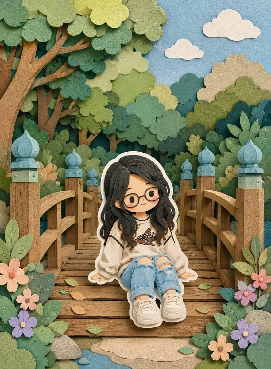 Cute layered paper-cut art style illustration of a chibi gir