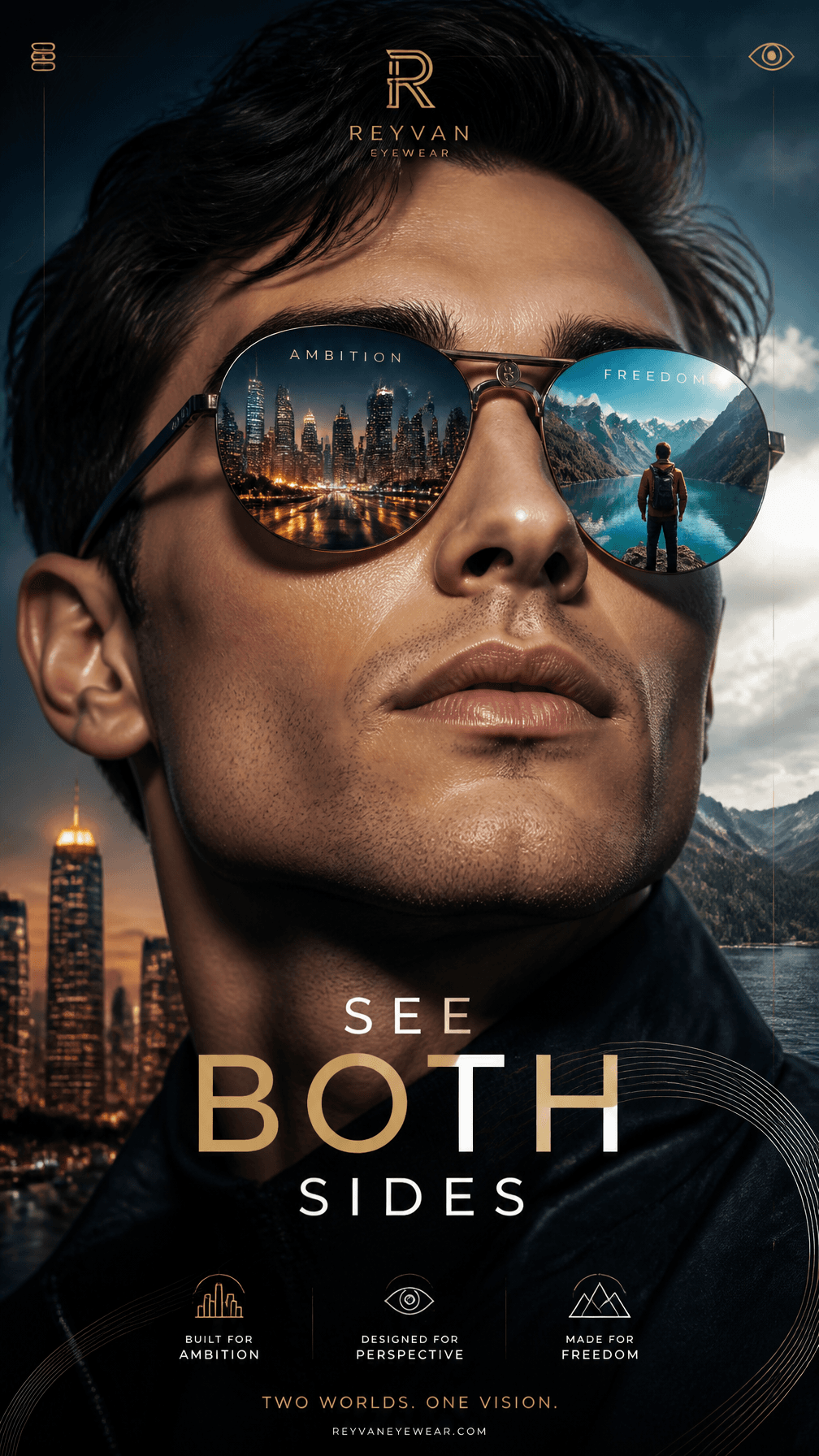 A premium 9:16 eyewear advertising poster.Main Subject:
A co
