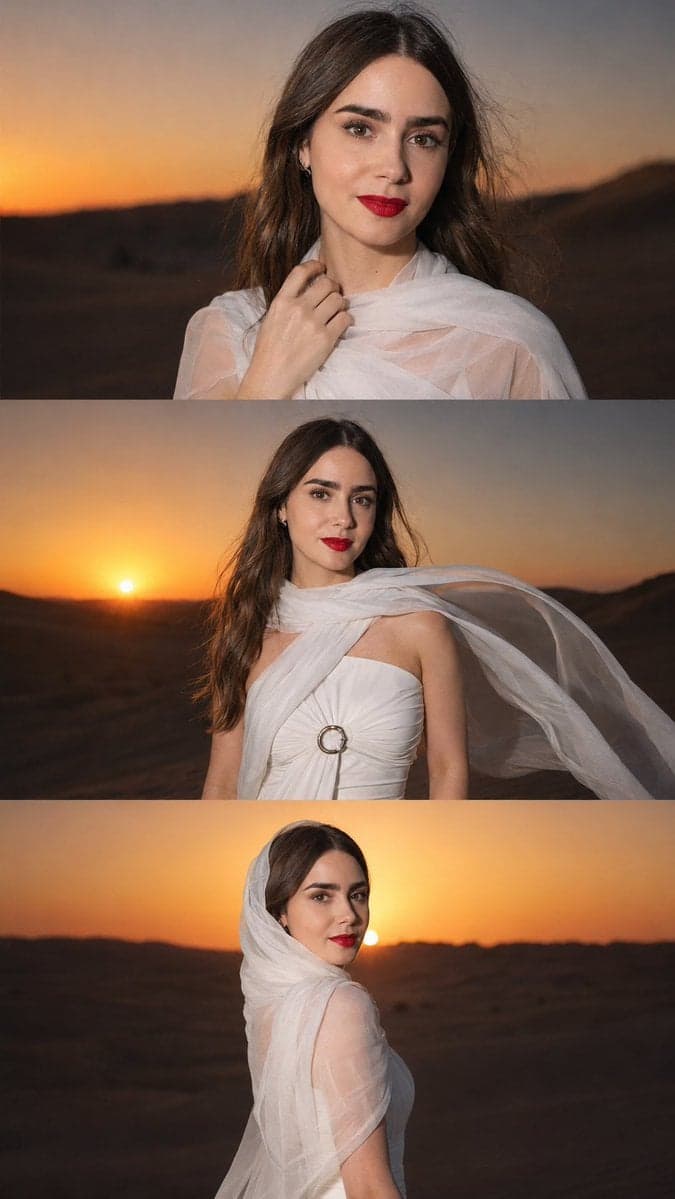 Vertical three-panel cinematic collage, stacked top to botto
