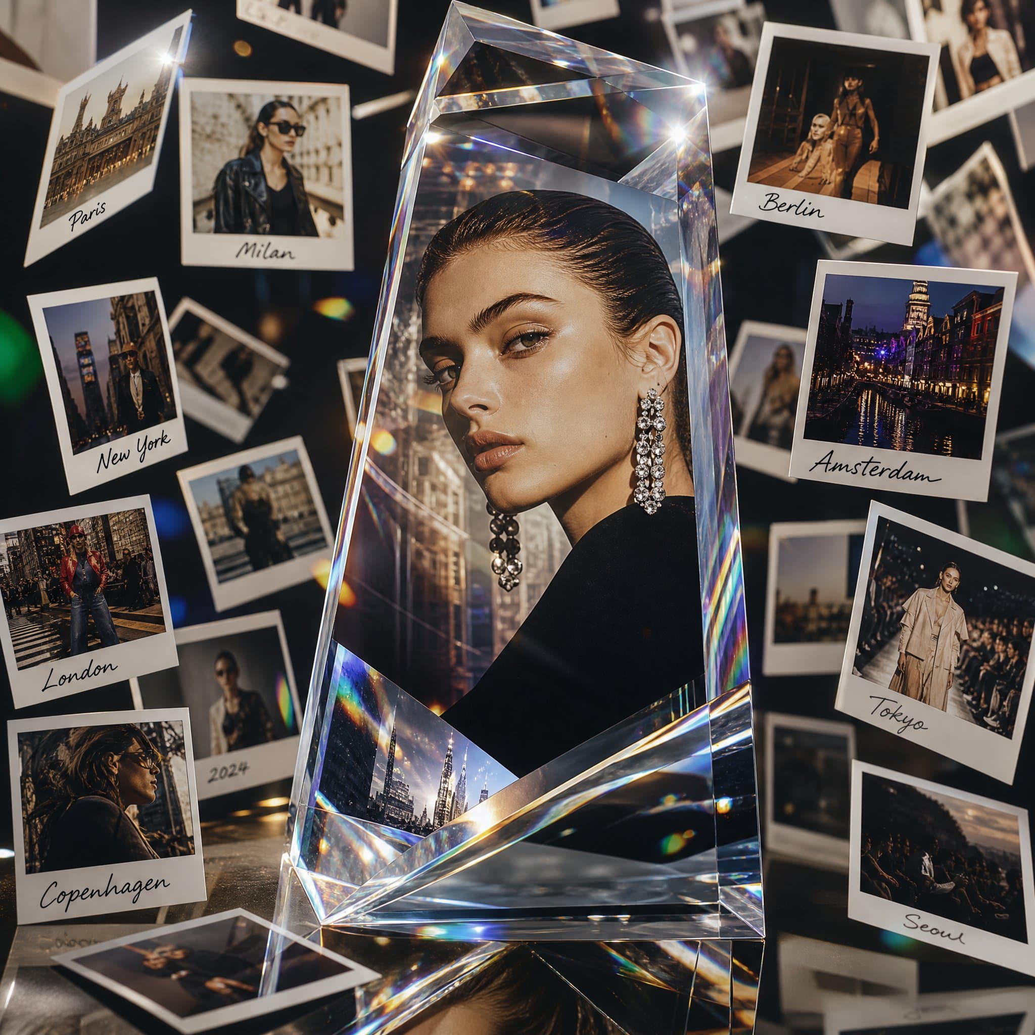 Luxury fashion campaign where a monumental crystal prism act