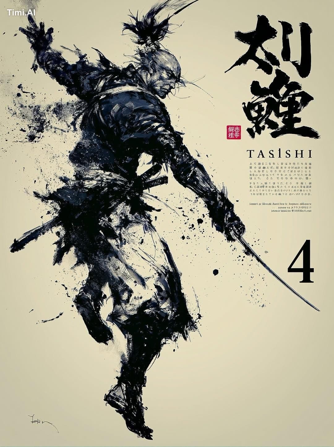 Japanese sumi-e ink wash painting style, traditional samurai