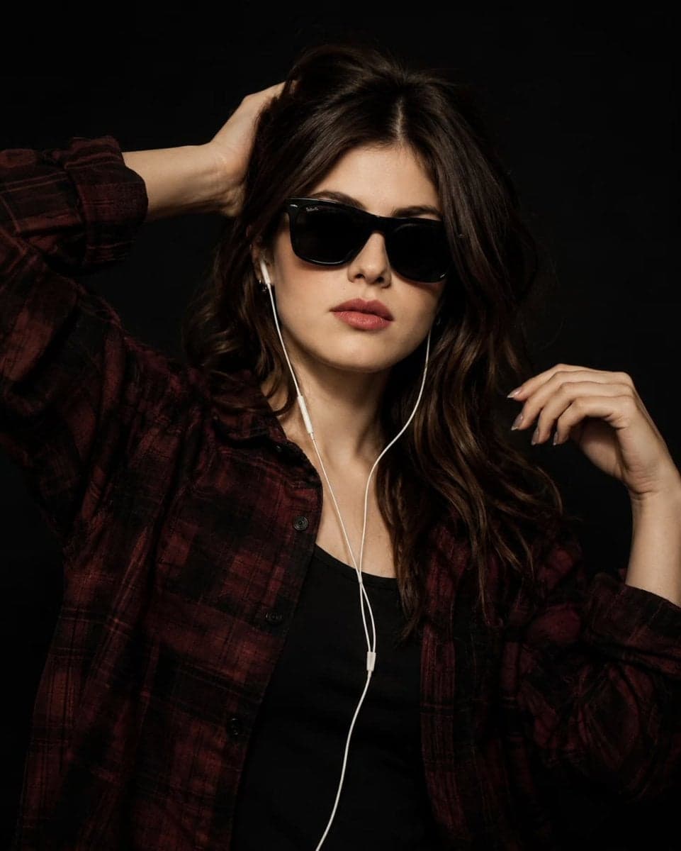 Ultra-realistic studio fashion portrait of a young woman wit