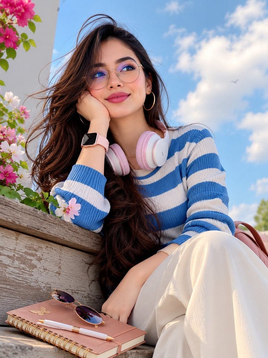 Photorealistic vertical portrait of a young woman outdoors a