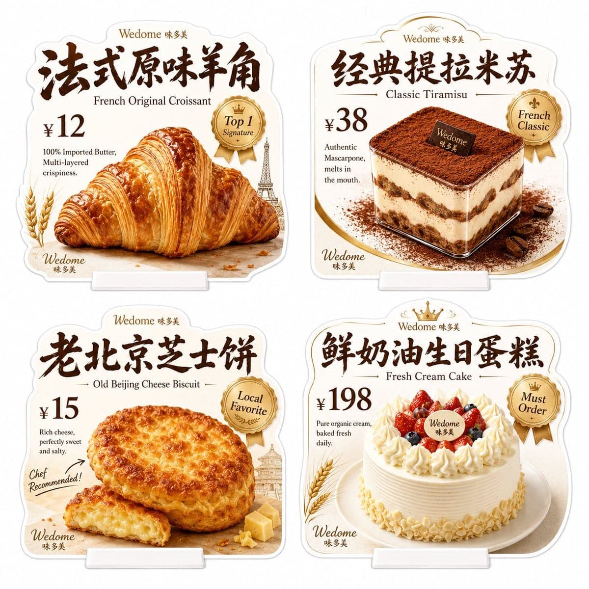 请生成一张[味多美]门店异形桌牌展示图。纯白背景。
品牌名称： [味多美 (Wedome)]
空间风格： 温暖法式烘焙感