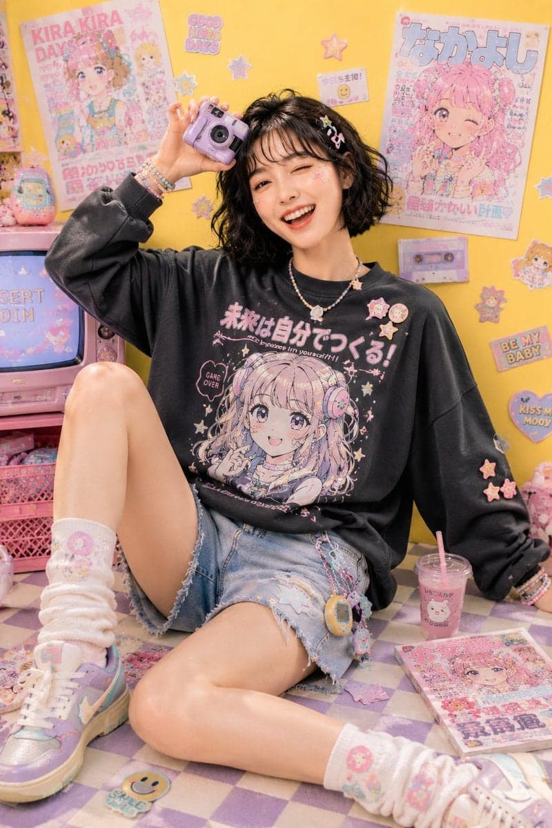 Playful kawaii-inspired studio fashion editorial featuring a