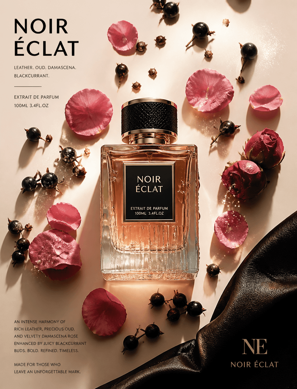 Subject & action
A premium glass perfume bottle centered in 