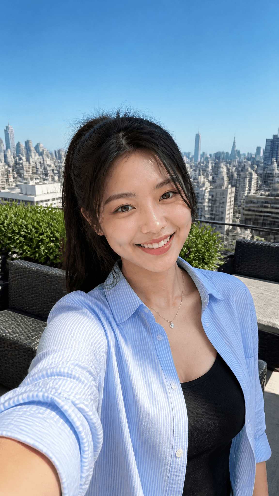 A young woman with a high ponytail and dimpled smile poses f